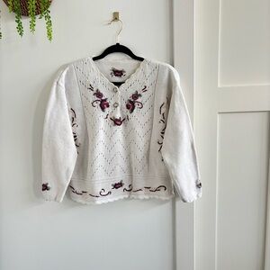 Handmade Vintage Women's Unique Floral Knit White Sweater Button Details Medium